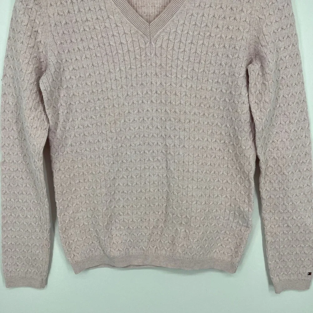 Tommy Hilfiger Womens V-Neck Cable Knit Pink Cotton Blend Sweater Small